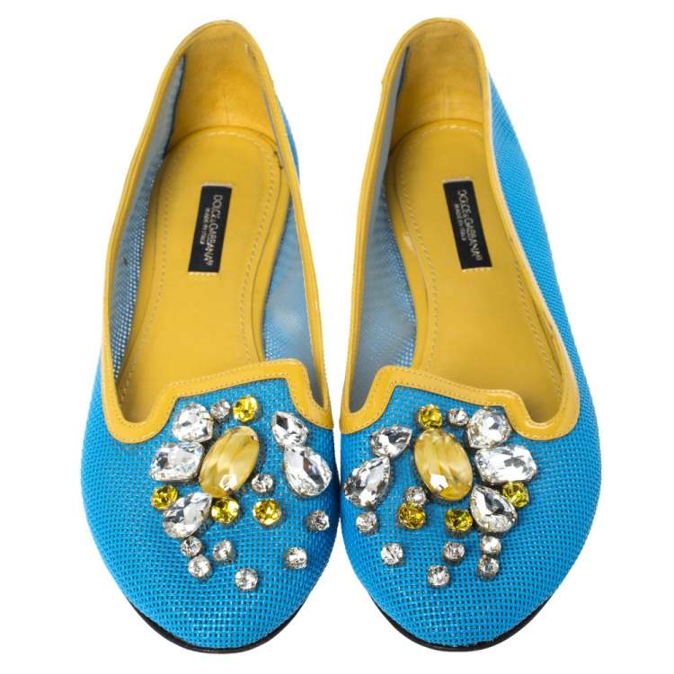 Pre Owned Dolce & Gabbana Blue/Yellow Woven Leather And Patent Trim Crystal Embellished Ballet Flats Size 37