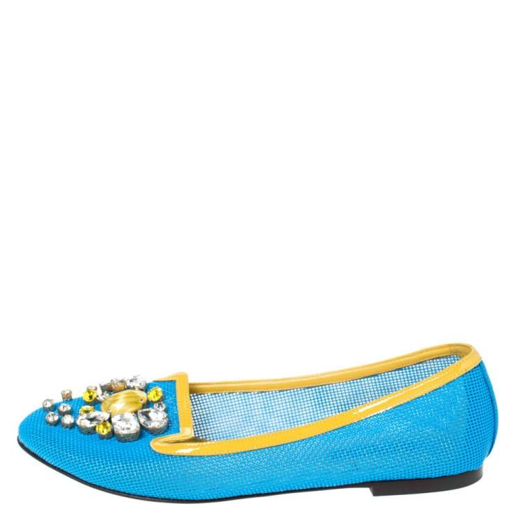 Pre Owned Dolce & Gabbana Blue/Yellow Woven Leather And Patent Trim Crystal Embellished Ballet Flats Size 37