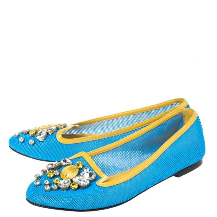 Pre Owned Dolce & Gabbana Blue/Yellow Woven Leather And Patent Trim Crystal Embellished Ballet Flats Size 37