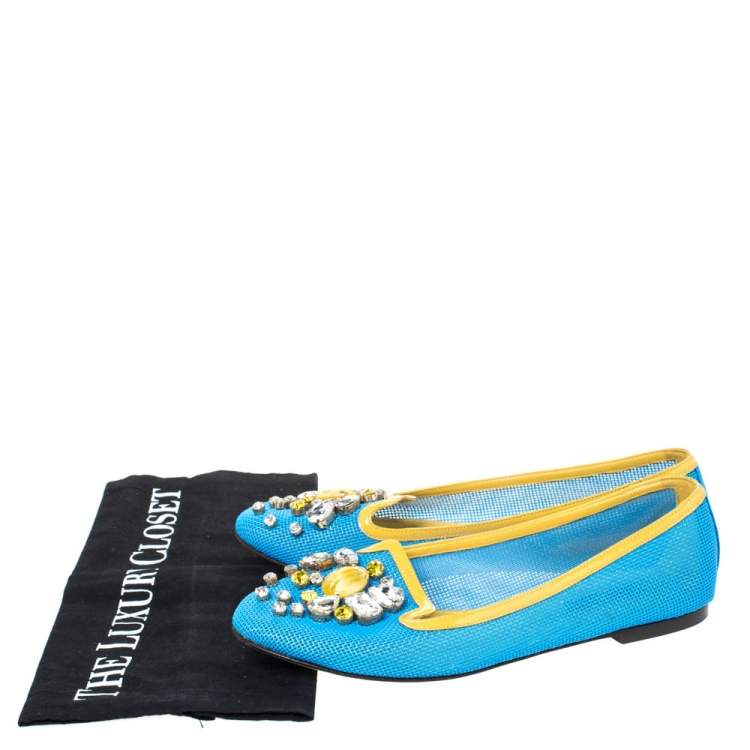 Pre Owned Dolce & Gabbana Blue/Yellow Woven Leather And Patent Trim Crystal Embellished Ballet Flats Size 37