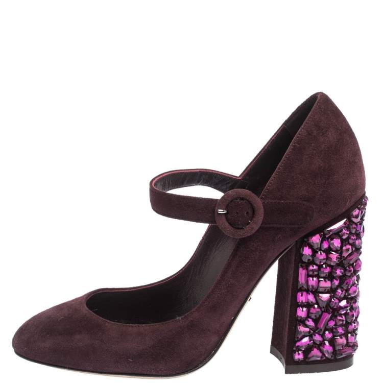 Pre Owned Dolce & Gabbana Burgundy Suede Mary Jane Crystal Embellished Heel Pumps Size 36