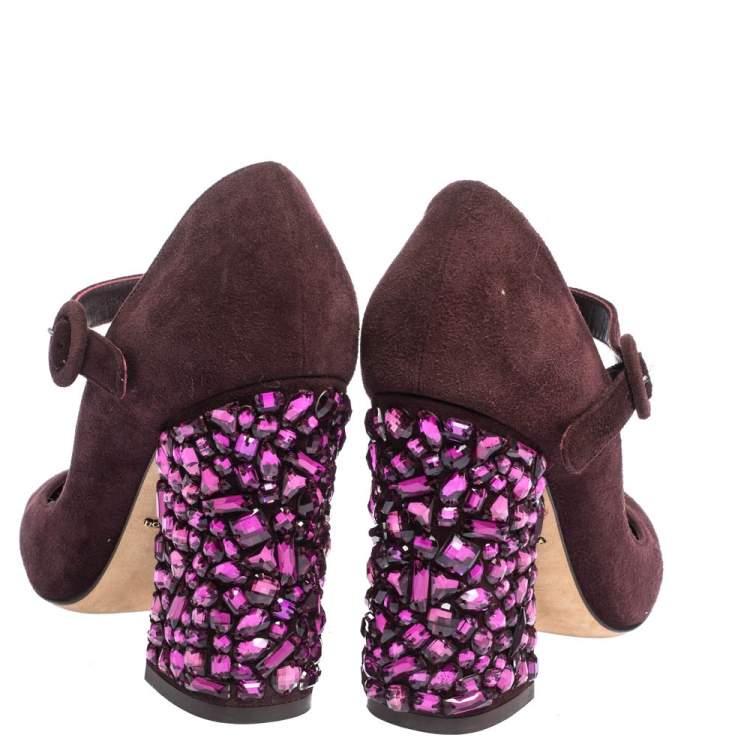 Pre Owned Dolce & Gabbana Burgundy Suede Mary Jane Crystal Embellished Heel Pumps Size 36