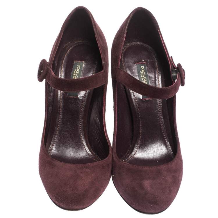 Pre Owned Dolce & Gabbana Burgundy Suede Mary Jane Crystal Embellished Heel Pumps Size 36