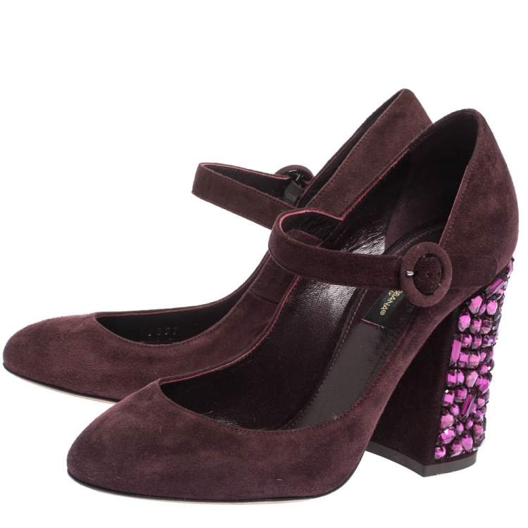 Pre Owned Dolce & Gabbana Burgundy Suede Mary Jane Crystal Embellished Heel Pumps Size 36