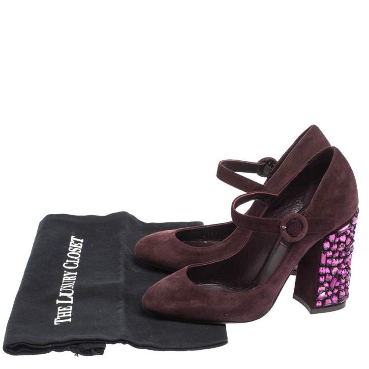Pre Owned Dolce & Gabbana Burgundy Suede Mary Jane Crystal Embellished Heel Pumps Size 36