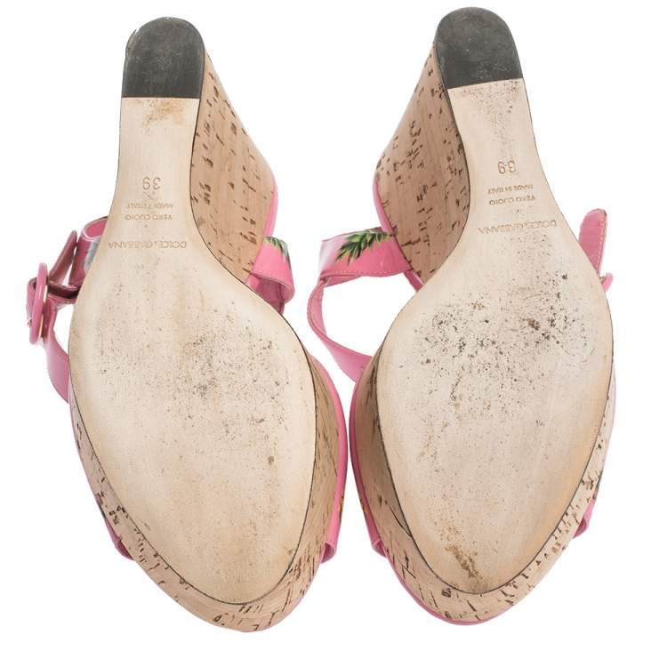 Pre Owned Dolce & Gabbana Pink Patent Pineapple Print Cork Platform Wedge Sandals Size 39