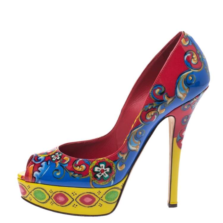 Pre Owned Dolce & Gabbana Multicolor Carretto Siciliano Print Patent Peep Toe Platform Pumps Size 38