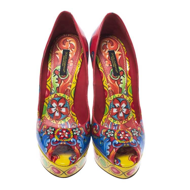 Pre Owned Dolce & Gabbana Multicolor Carretto Siciliano Print Patent Peep Toe Platform Pumps Size 38