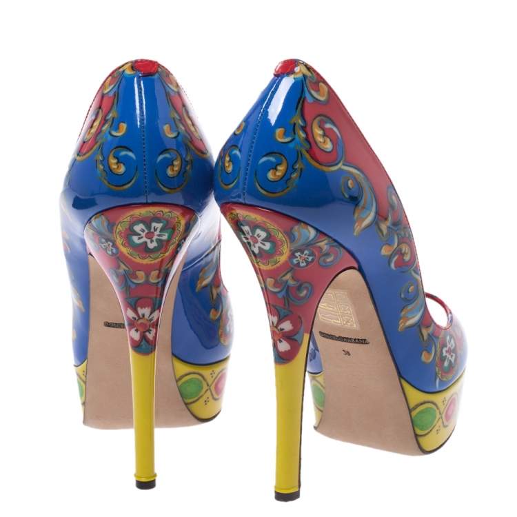 Pre Owned Dolce & Gabbana Multicolor Carretto Siciliano Print Patent Peep Toe Platform Pumps Size 38