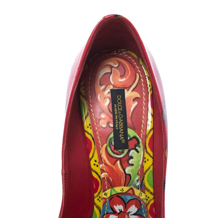 Pre Owned Dolce & Gabbana Multicolor Carretto Siciliano Print Patent Peep Toe Platform Pumps Size 38
