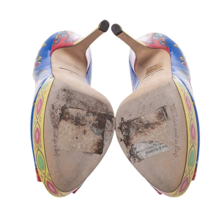 Pre Owned Dolce & Gabbana Multicolor Carretto Siciliano Print Patent Peep Toe Platform Pumps Size 38
