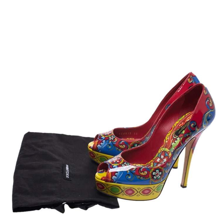 Pre Owned Dolce & Gabbana Multicolor Carretto Siciliano Print Patent Peep Toe Platform Pumps Size 38