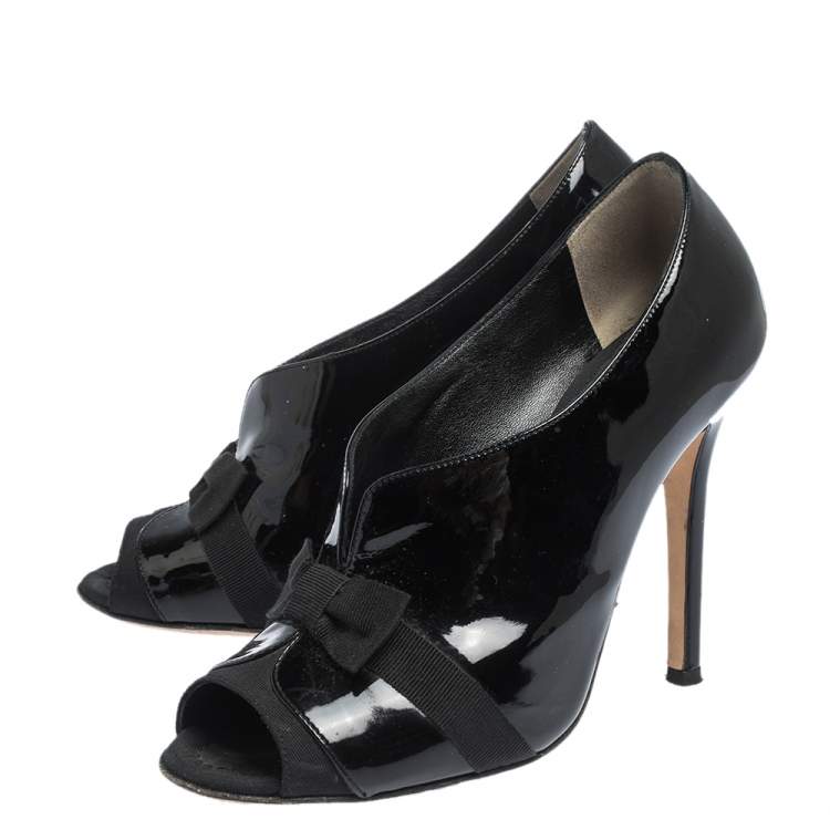 Pre Owned Dolce & Gabbana Black Patent And Grosgrain Bow Peep Toe Pumps Size 37.5