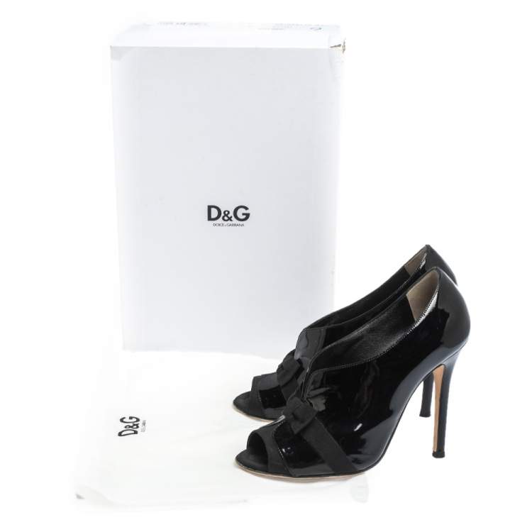 Pre Owned Dolce & Gabbana Black Patent And Grosgrain Bow Peep Toe Pumps Size 37.5