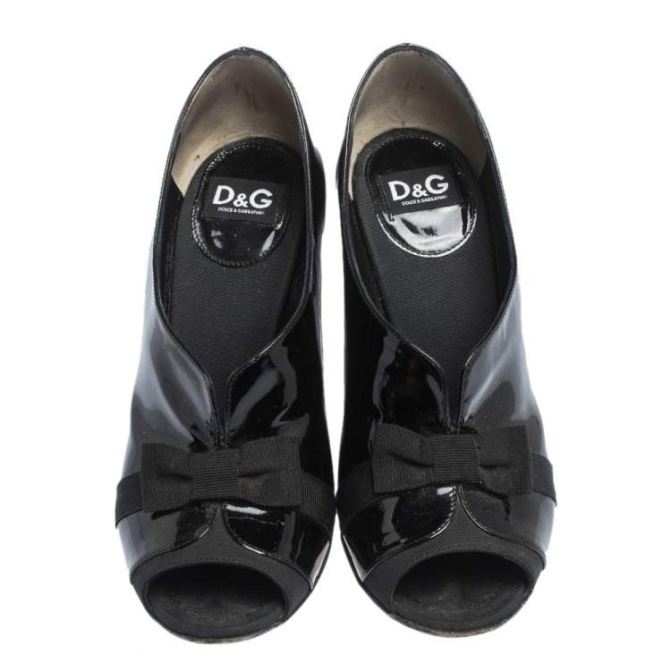 Pre Owned Dolce & Gabbana Black Patent And Grosgrain Bow Peep Toe Pumps Size 37.5
