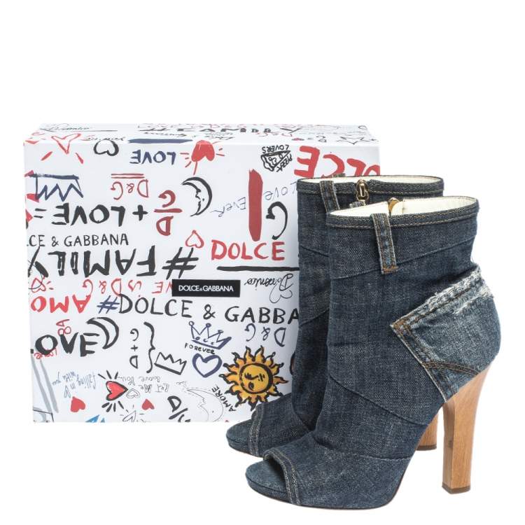 Pre Owned Dolce & Gabbana Blue Distressed Denim Open Toe Ankle Boots Size 37