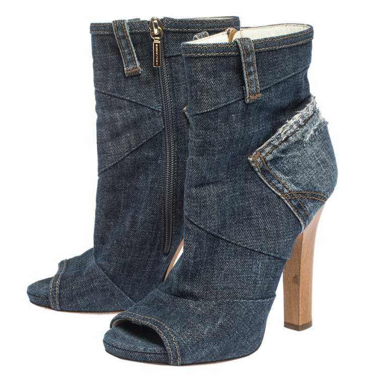 Pre Owned Dolce & Gabbana Blue Distressed Denim Open Toe Ankle Boots Size 37