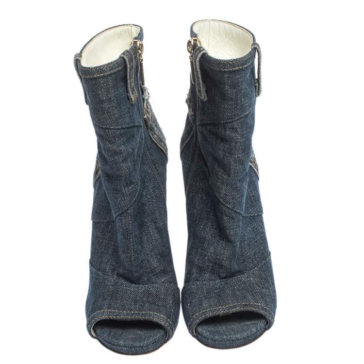 Pre Owned Dolce & Gabbana Blue Distressed Denim Open Toe Ankle Boots Size 37