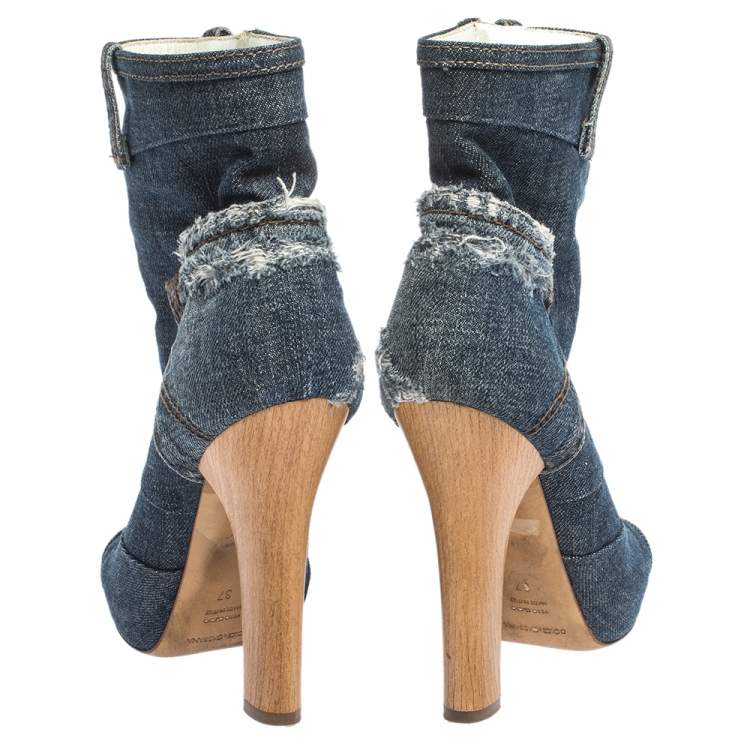 Pre Owned Dolce & Gabbana Blue Distressed Denim Open Toe Ankle Boots Size 37