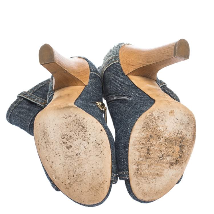 Pre Owned Dolce & Gabbana Blue Distressed Denim Open Toe Ankle Boots Size 37