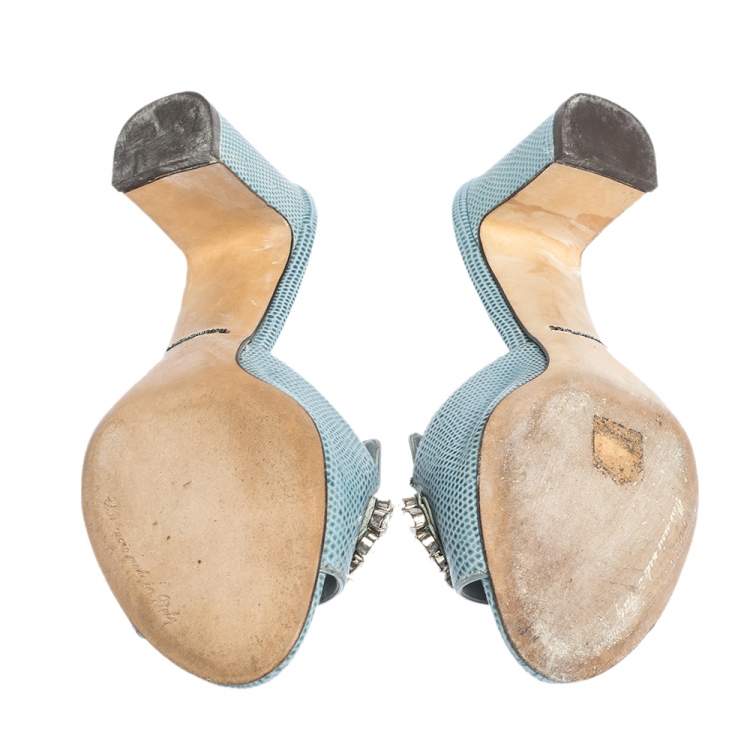 Pre Owned Dolce & Gabbana Light Blue Embossed Lizard Leather Crystal Embellished Sandals Size 37
