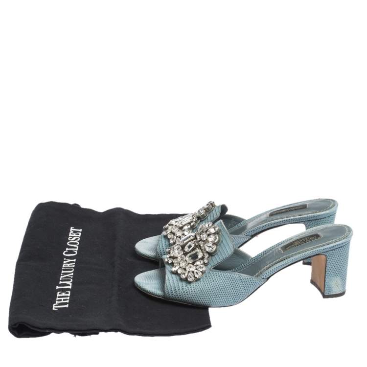 Pre Owned Dolce & Gabbana Light Blue Embossed Lizard Leather Crystal Embellished Sandals Size 37
