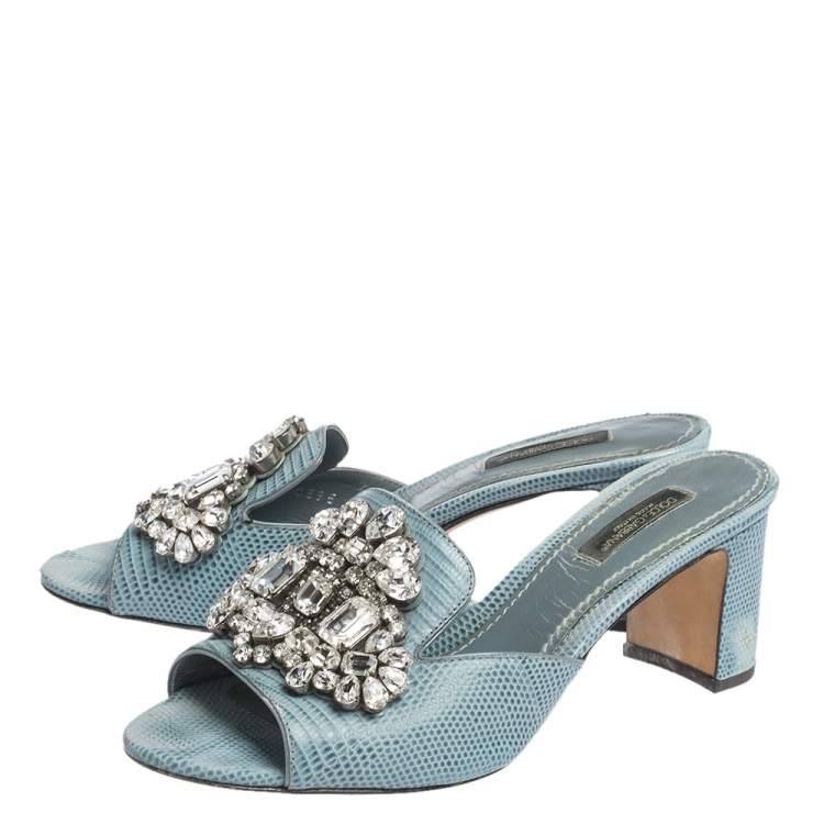 Pre Owned Dolce & Gabbana Light Blue Embossed Lizard Leather Crystal Embellished Sandals Size 37