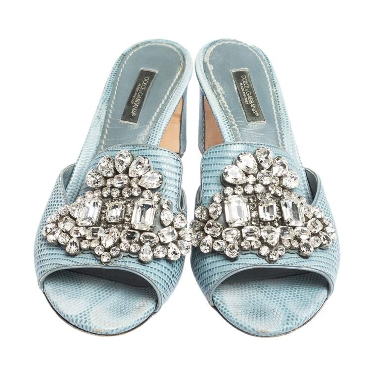 Pre Owned Dolce & Gabbana Light Blue Embossed Lizard Leather Crystal Embellished Sandals Size 37