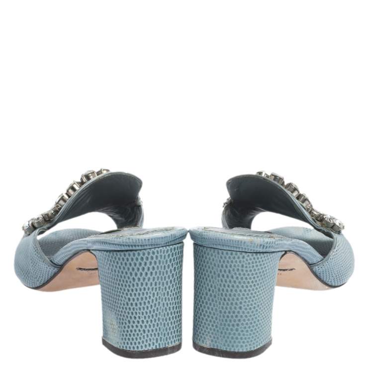 Pre Owned Dolce & Gabbana Light Blue Embossed Lizard Leather Crystal Embellished Sandals Size 37