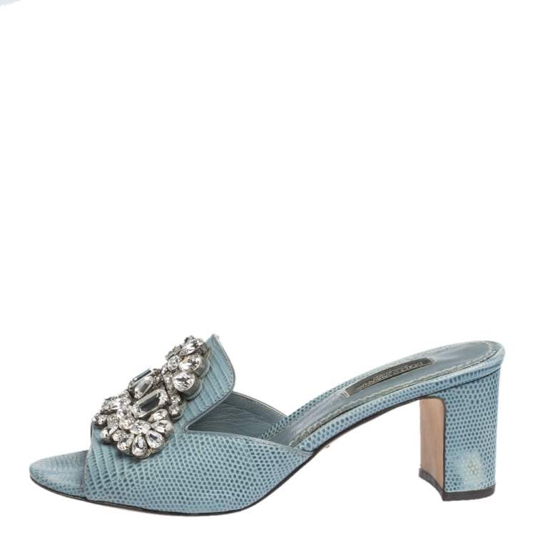 Dolce  Gabbana Light Blue Embossed Lizard Leather Crystal Embellished  Sandals Size 37 Dolce  Gabbana TLC