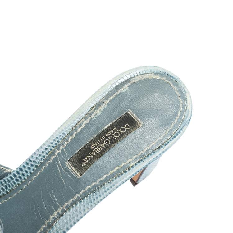 Pre Owned Dolce & Gabbana Light Blue Embossed Lizard Leather Crystal Embellished Sandals Size 37