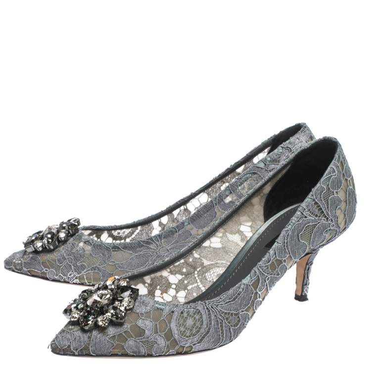 Pre Owned Dolce & Gabbana Grey Crystal Embellished Lace Bellucci Pointed Toe Pumps Size 39
