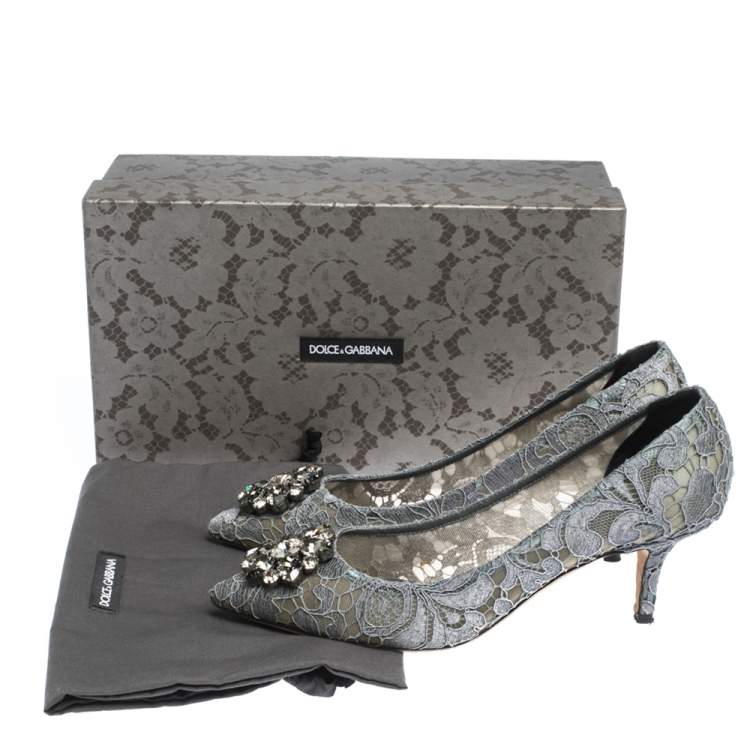 Pre Owned Dolce & Gabbana Grey Crystal Embellished Lace Bellucci Pointed Toe Pumps Size 39