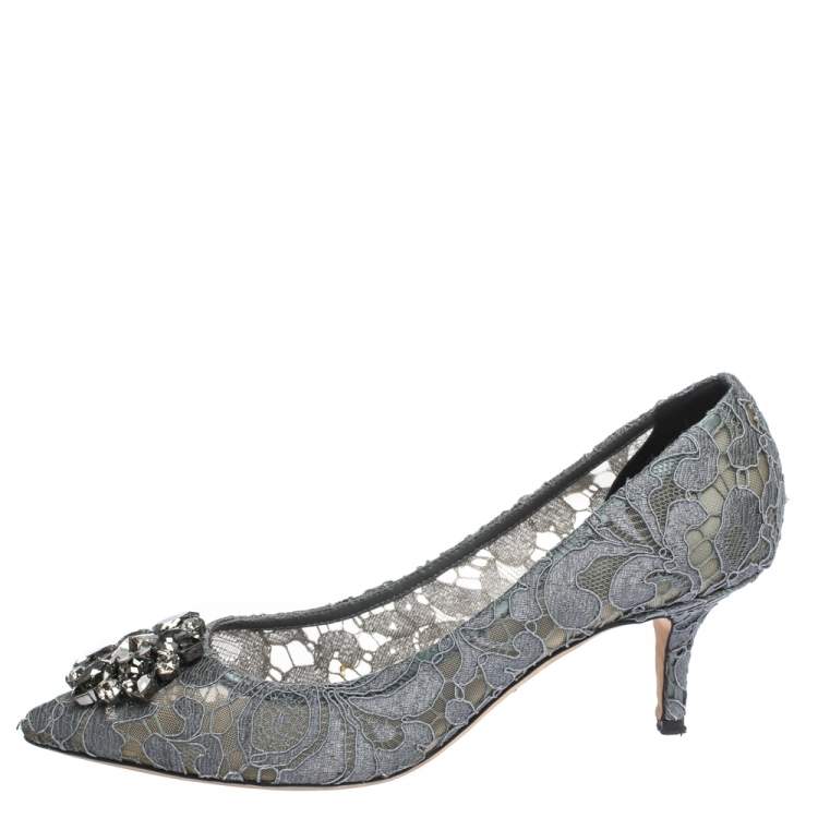Pre Owned Dolce & Gabbana Grey Crystal Embellished Lace Bellucci Pointed Toe Pumps Size 39