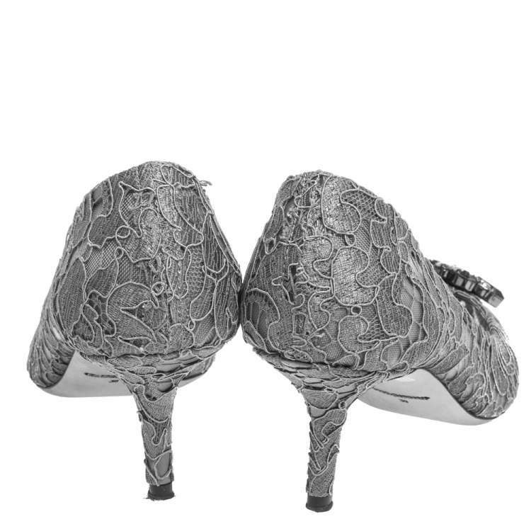 Pre Owned Dolce & Gabbana Grey Crystal Embellished Lace Bellucci Pointed Toe Pumps Size 39