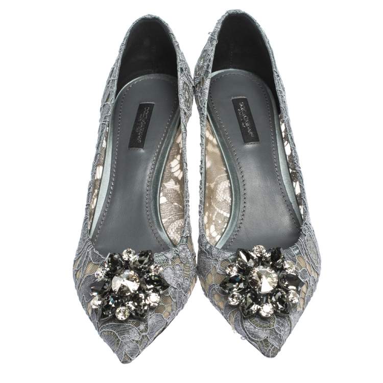 Pre Owned Dolce & Gabbana Grey Crystal Embellished Lace Bellucci Pointed Toe Pumps Size 39