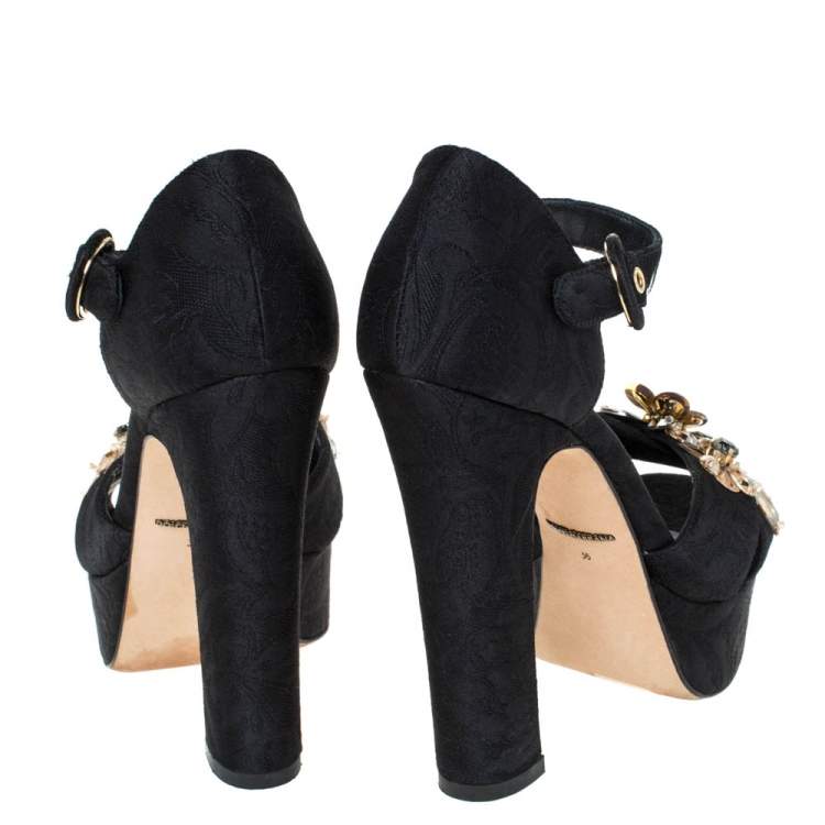 Pre Owned Dolce & Gabbana Black Floral Fabric Embellished Platform Ankle Strap Sandals Size 36