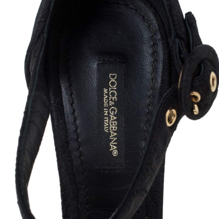 Pre Owned Dolce & Gabbana Black Floral Fabric Embellished Platform Ankle Strap Sandals Size 36