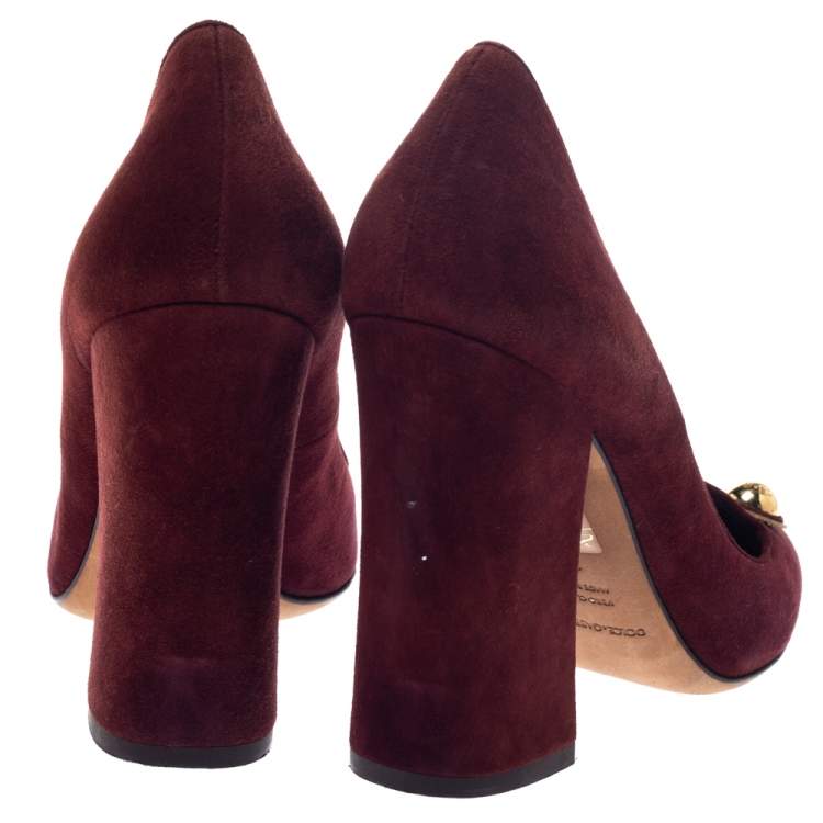 Pre Owned Dolce & Gabbana Brown Suede Logo Studded Block Heel Pumps Size 37