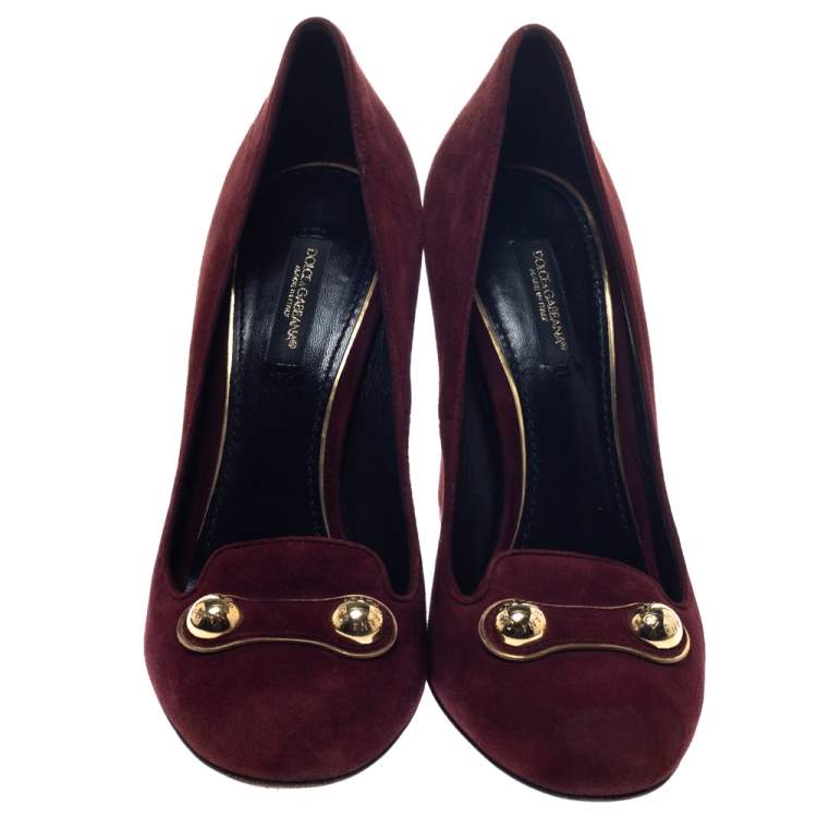 Pre Owned Dolce & Gabbana Brown Suede Logo Studded Block Heel Pumps Size 37