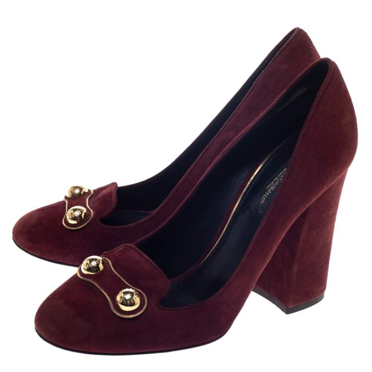 Pre Owned Dolce & Gabbana Brown Suede Logo Studded Block Heel Pumps Size 37