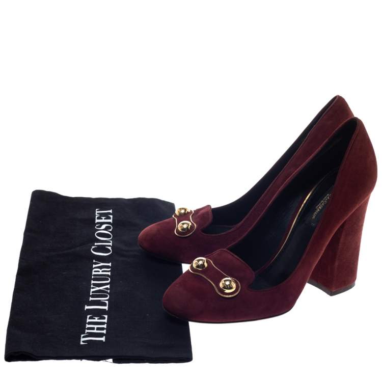 Pre Owned Dolce & Gabbana Brown Suede Logo Studded Block Heel Pumps Size 37
