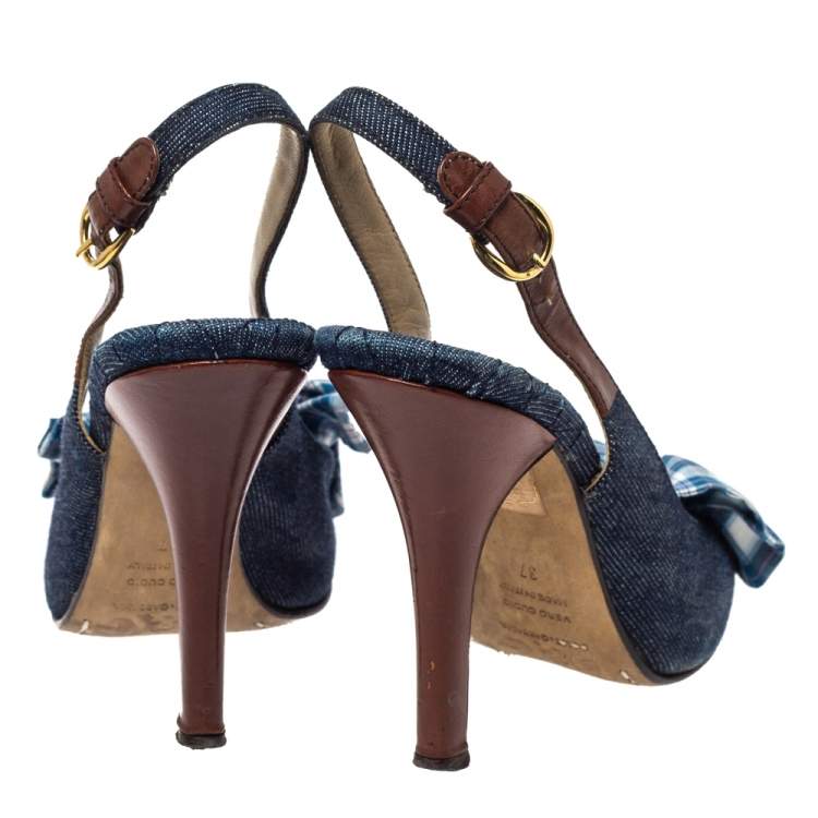 مملوكة مسبقًا Dolce & Gabbana Blue Denim And Check Fabric Bow Embellished Slingback Sandals Size 37