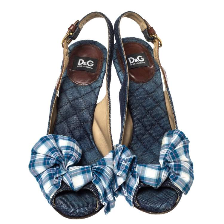مملوكة مسبقًا Dolce & Gabbana Blue Denim And Check Fabric Bow Embellished Slingback Sandals Size 37