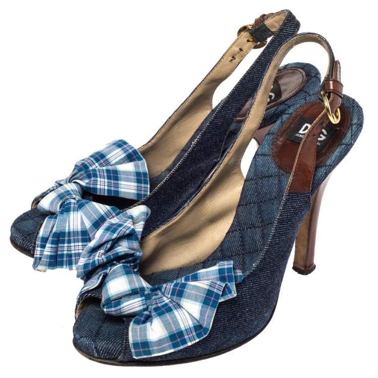 مملوكة مسبقًا Dolce & Gabbana Blue Denim And Check Fabric Bow Embellished Slingback Sandals Size 37