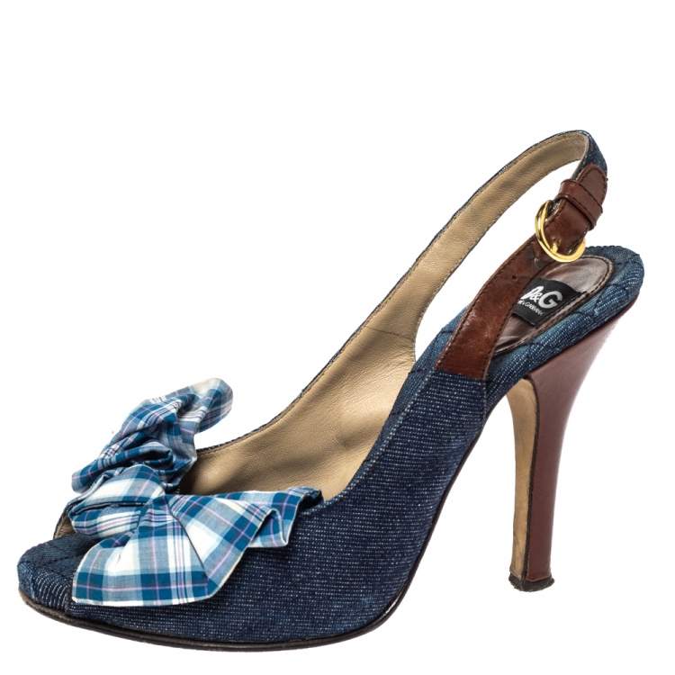 مملوكة مسبقًا Dolce & Gabbana Blue Denim And Check Fabric Bow Embellished Slingback Sandals Size 37