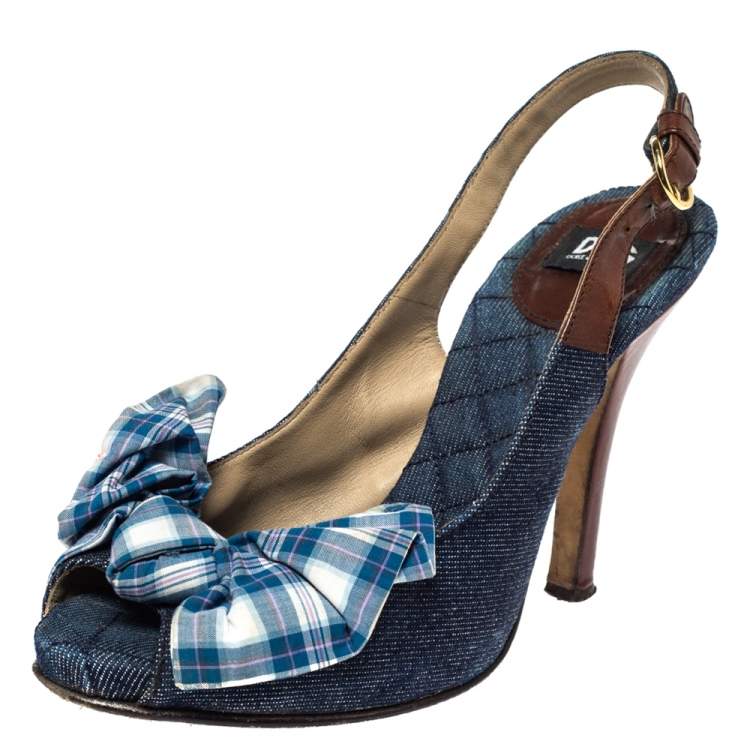 مملوكة مسبقًا Dolce & Gabbana Blue Denim And Check Fabric Bow Embellished Slingback Sandals Size 37