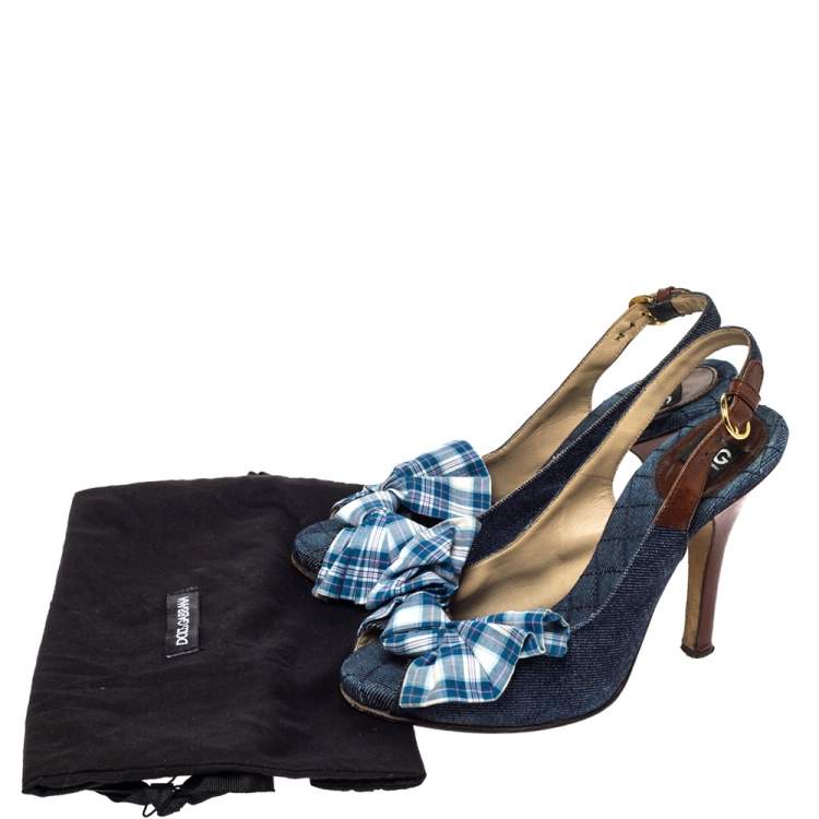 مملوكة مسبقًا Dolce & Gabbana Blue Denim And Check Fabric Bow Embellished Slingback Sandals Size 37
