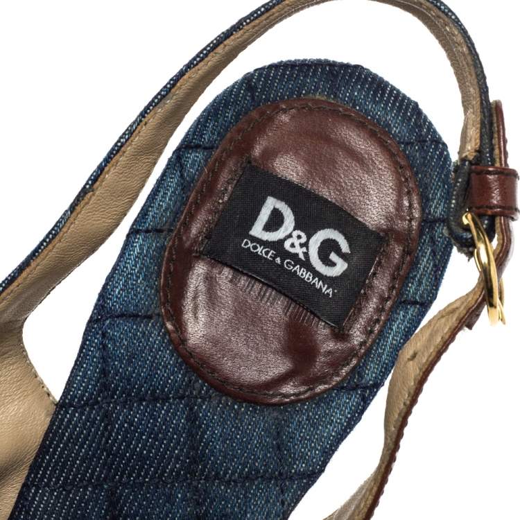 مملوكة مسبقًا Dolce & Gabbana Blue Denim And Check Fabric Bow Embellished Slingback Sandals Size 37