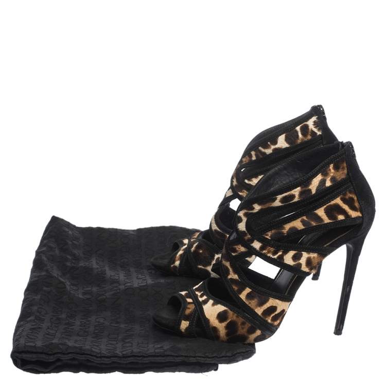 Pre Owned Dolce & Gabbana Leopard Print Pony Hair And Suede Leather Trim Cut Out Gladiator Sandals Size 39